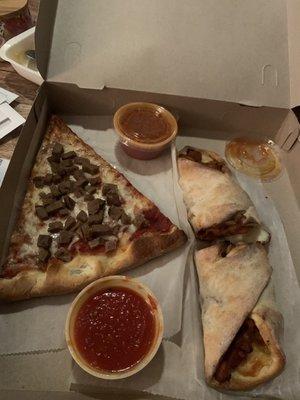 Sad meatball slice on the left and delicious chicken roll on the right. I always ask for an extra sauce for the chicken roll!