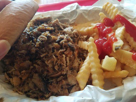 Pork bbq with homemade crinkle fries and a drink for $9 plus tax....