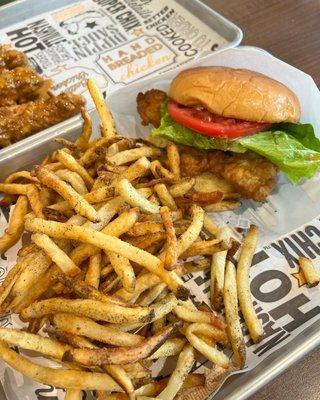 Deluxe chicken sandwich and rosemary fries