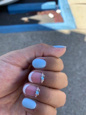 Baby shower nails  Gel mani, two thin white French tip with rhinestone design. Simple and cute !