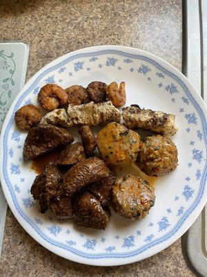 Cajun shrimp, chicken kabob, turkey meatballs & beef tips