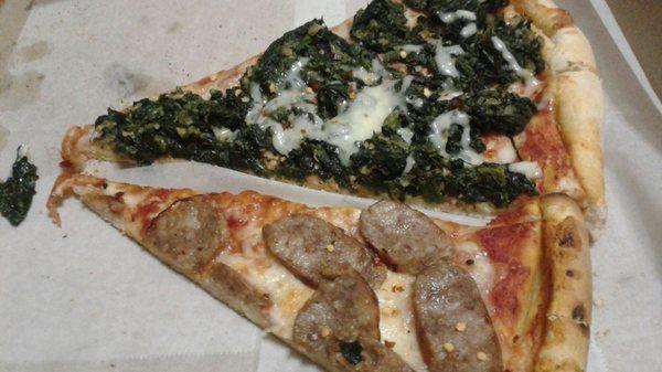 Slice with Spinach and half of Sausage slice, like to cut a pass around