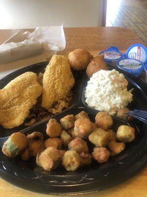 Cajun fried catfish, hush puppies, Cole slaw and fried okra