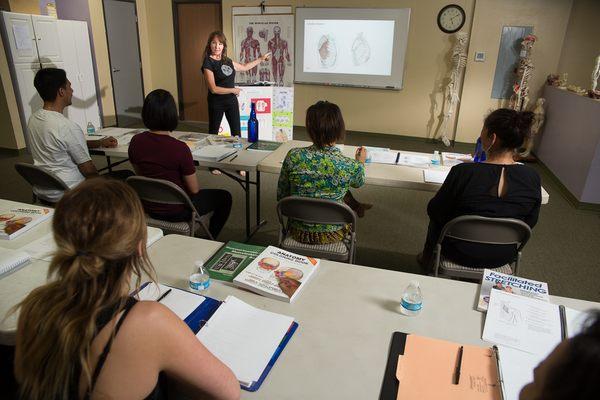 Paula Curtiss teaching physiology as part of the Massage Therapy certification program.