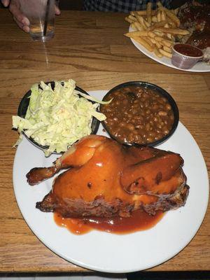 my roasted chicken with baked beans and cole slaw