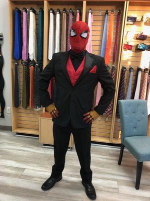 Spider-Man in Tux provided by the Awesome Davids Tailing and Tuxedos.