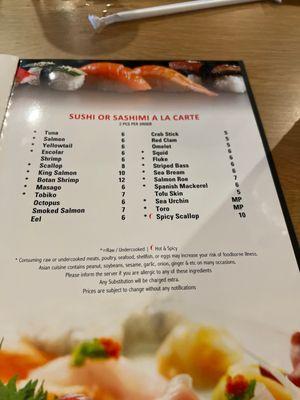 Sushi and Sashimi menu