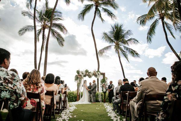 Outdoor wedding ceremony at Lanikuhonua Cultural Institute - Wedding Photography by HNL Studios www.hnlstudios.com