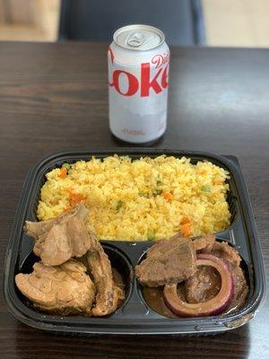 Combination Plate (~$10): chicken adobo, beef steak, and fried rice with Diet Coke