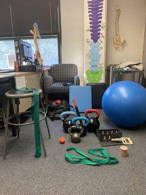 A peak of our rehab equipment at the clinic. Ranging from kettle bells to CLX bands