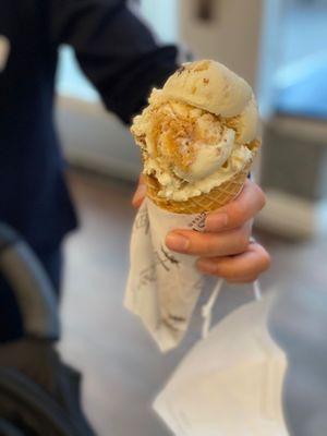 Baklava single scoop in a waffle cone