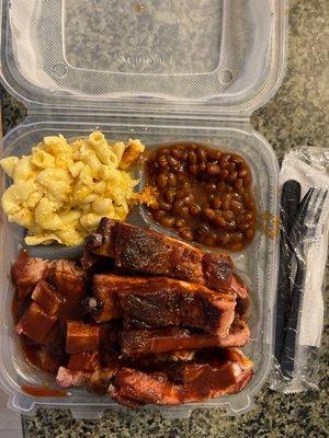 Ribs, brisket with Baked Beans and Mac N Cheese