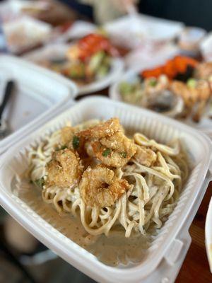 Coconut Cream Linguine with Fried Shrimp // Golden Triangle