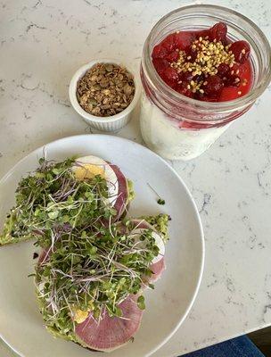 avocado toast and the yogurt w/ granola