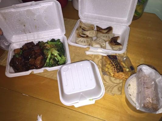 Food for now & later ! Yummy Bourbon chicken & broccoli , steamed dumplings , garden salad & egg drop soup