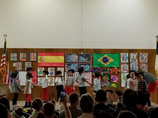 Class end of the year presentation. Each class chose a country to learn about and present some songs and dances. Very cute.