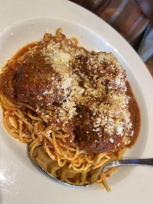 Spaghetti and meatballs. Meatballs were the star of the dish. Sadly pasta was overcooked.