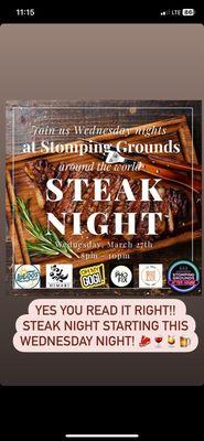 Wednesday is Steak Night at Stomping Grounds