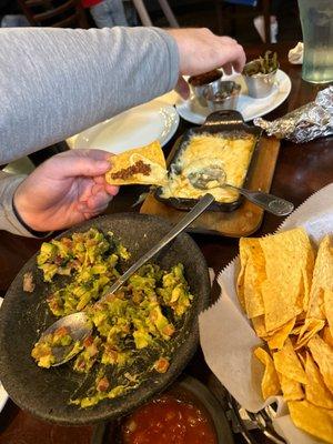 Classic guacamole and queso fundido