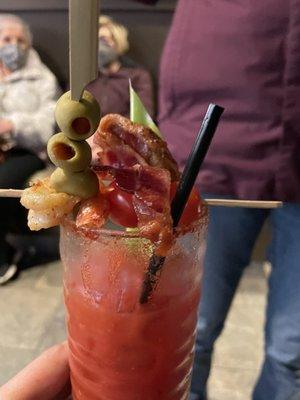 Bloody Mary drink/appetizer! Even the bacon was warm