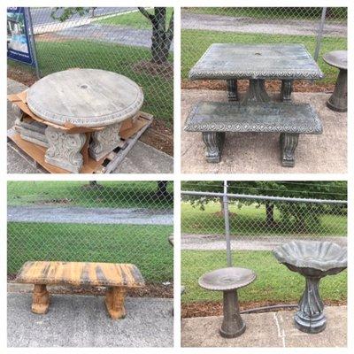 Some of the many Bird Baths and Picnic tables.