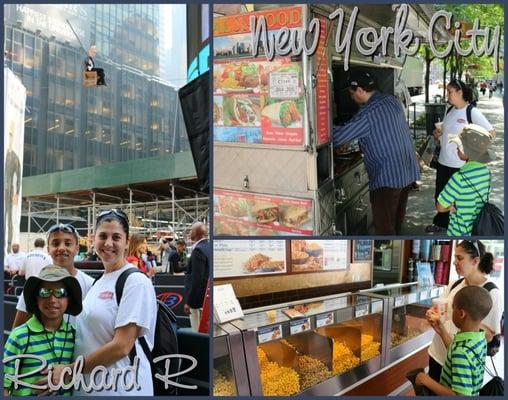 Left pic - Bello balancing while sitting in a chair on a high wire in Time Square. Gyros @ the Halal cart was AMAZING!