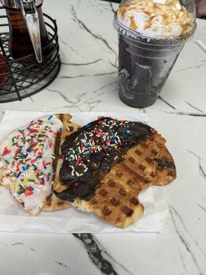 White chocolate and chocolate waffles with sprinkles