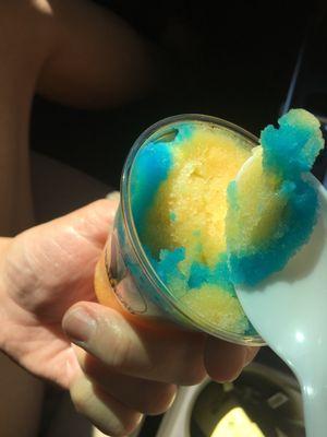 Blue raspberry and mango. Kind of icy and more like a snow cone texture that melted slightly