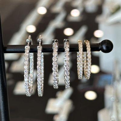 KFK Jewelers stocks inside-out diamond hoop earrings in different hoop sizes, diamond carat weight, in 14KT yellow, white or rose gold.