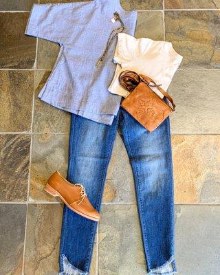 Outfit of the day. Grade and Gather top, It is Well, LA t-shirt, Latico Leathers purse, Fortress of Inca shoes, Blo Vintage jewelry