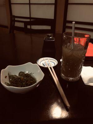 Seaweed and cucumber salad, iced green tea