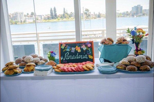 View of the dessert table with the lake view in the background