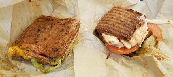 half spicy chicken panini (left) & half BBQ chicken panini (right)