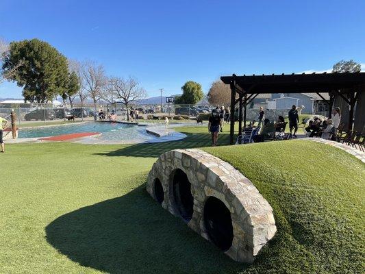 Play area with artificial lawn to keep things clean and cool. Tunnels as well!