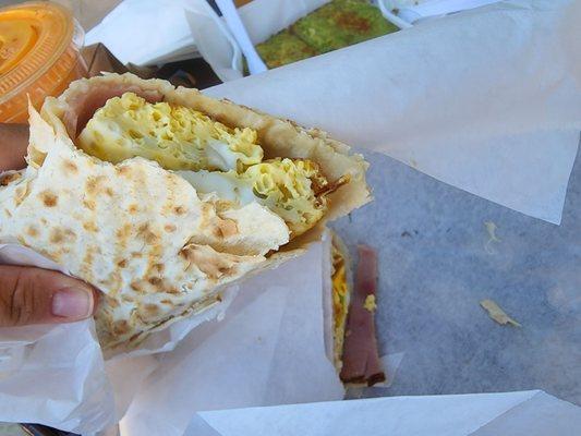 Egg, ham and cheese in lavash bread