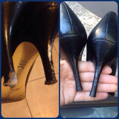 (Left) Before. Nothing left of the heel but nails. Lol (Right) After. Repaired heels for ~$9