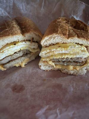 Sausage eggs and cheese on a roll