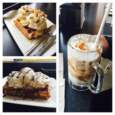 A Waffle with bananas, maple syrup, whipped cream & walnuts.A spekuloos cookie shake.A waffle with ice cream,strawberries ect