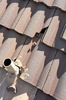 Damaged roof repaired by Weathertight Roofing Company Inc.Hemet,California