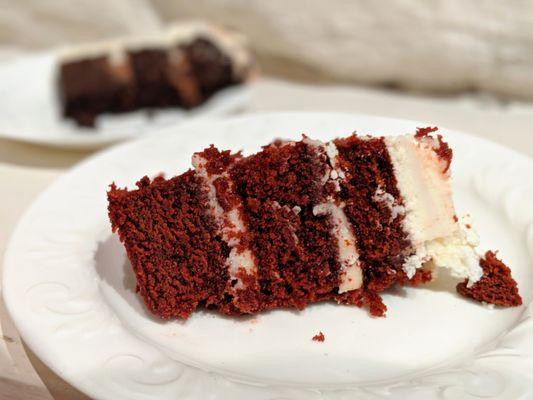 Red velvet and chocolate wedding cakes provided by Company's Coming Catering via Night Kitchen Bakery.