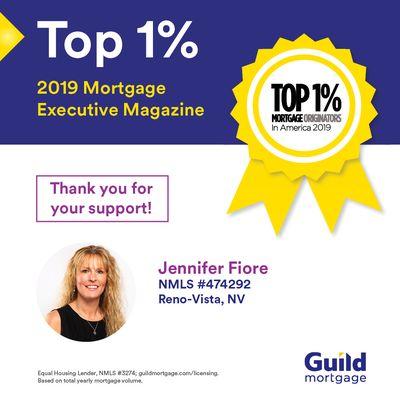 Jennifer was recognized as a Top 1% Mortgage Originator by Mortgage Executive Magazine in 2019.