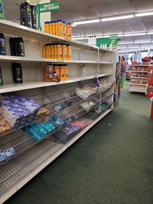 Rows and rows of mostly empty shelves throughout the store.