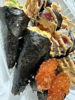 Salmon Hand Roll, Salmon Roe(Ikura), Spicy Tuna Roll