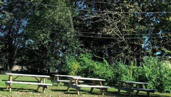 Picnic benches.