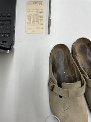 Before with water stain on suede birkenstock