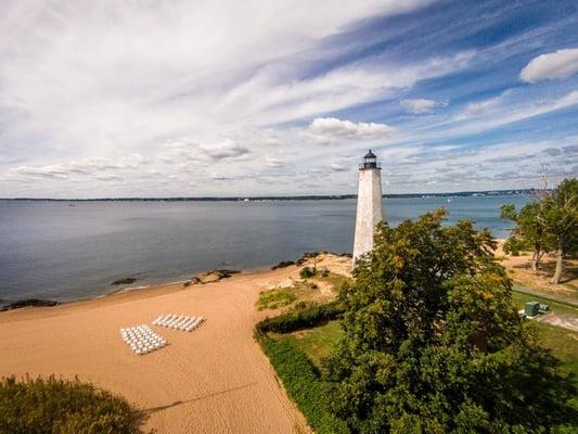 A drone picture of the chair set up at Lighthouse Point Park before all our ceremony decorations came in.