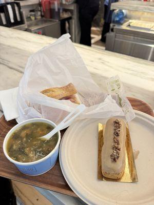 Italian wedding soup, French ham baguette and a caramel eclairs.