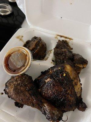 Jerk chicken and Ox Tails. I paid an extra $3 each for the large order of oxtails and large order of jerk chicken. And this is what I got!