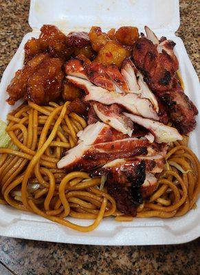 Spicy orange chicken and bbq teriyaki chicken w all noodles (noodles were very good)