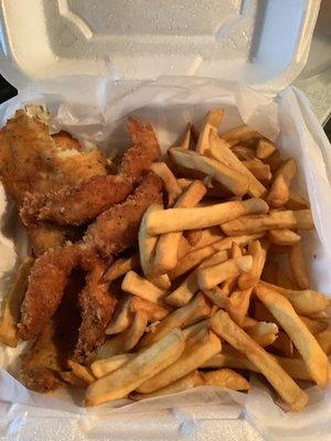 I wasn't happy with this fish & shrimp platter. The fish salty and the fries cooked in old oil. The shrimp was good.